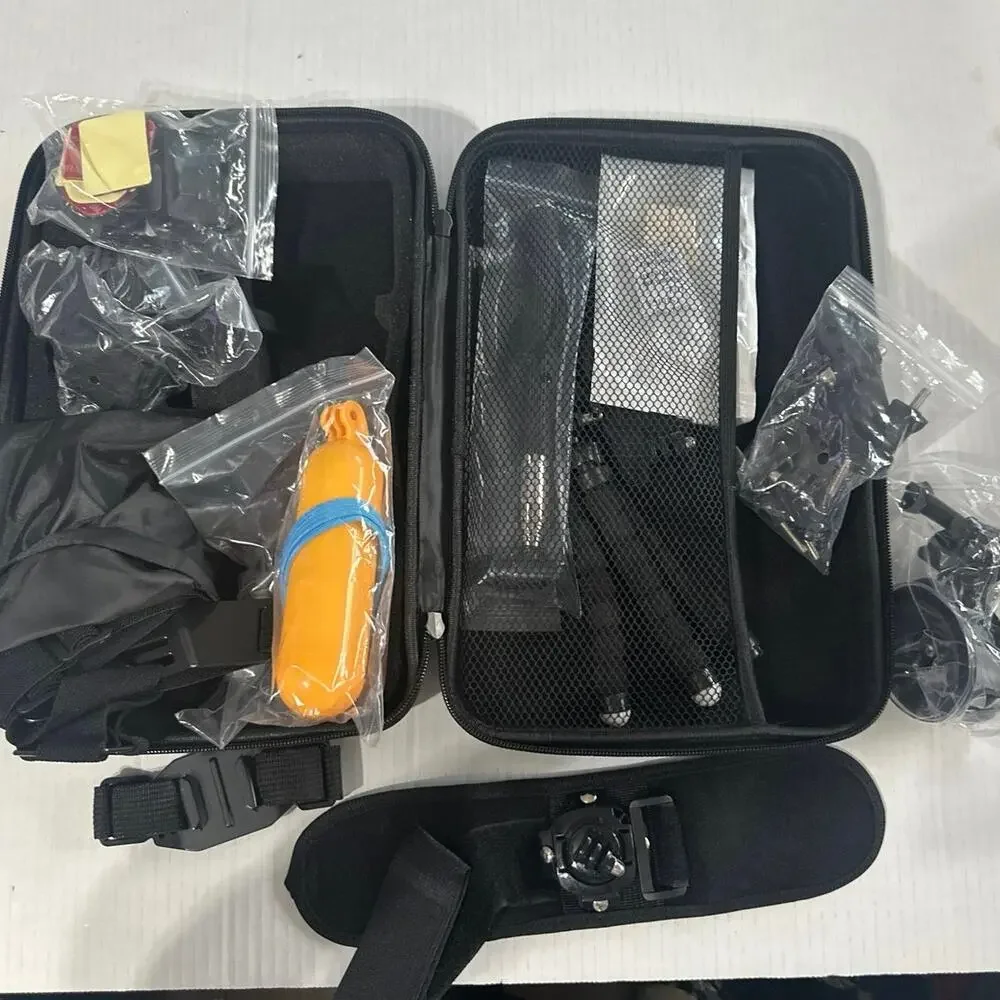 Action camera accessory kit w/ a carrying case. Head, chest straps& underwater